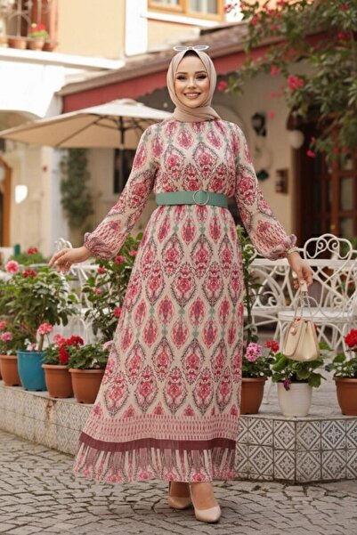 Neva Style Ethnic Patterned Pink Hijab Dress 3536P