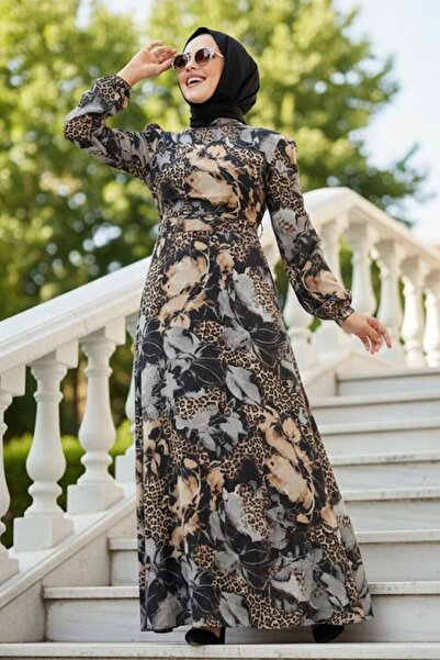 Neva Style Çiçek Desenli Gri Tesettür Elbise 279312GR