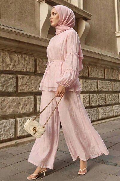 Neva Style Balon Kol Detaylı Pembe Tesettür Takım 26158P