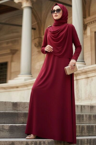 N.S NEVA STYLE Brooch Detailed Burgundy Hijab Dress 2455Br