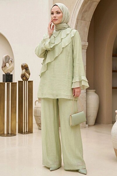 Neva Style Ruffle Detailed Green Hijab Set 26156Cy