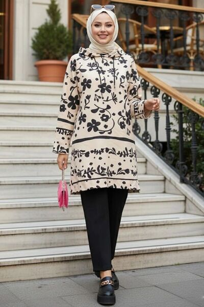 Neva Style Hooded Patterned Black Hijab Double Suit 9296S