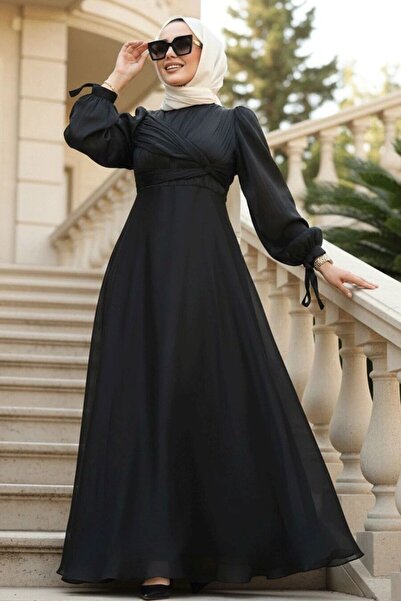 N.S NEVA STYLE Drape Detaylı Siyah Tesettür Abiye Elbise 62201S
