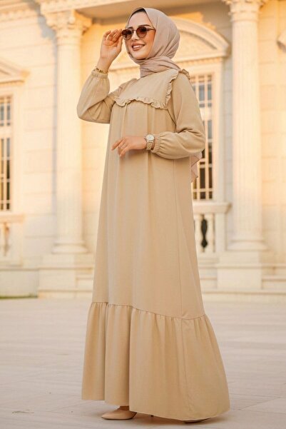 Neva Style Fırfır Detaylı Bej Tesettür Elbise 7681BEJ