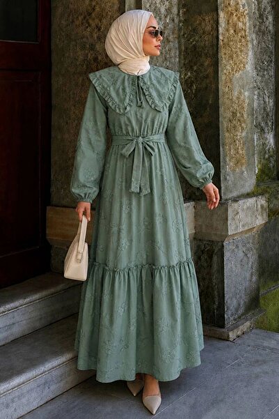 N.S NEVA STYLE Embroidery Detailed Scarf Collar Mint Hijab Dress 26184Mint