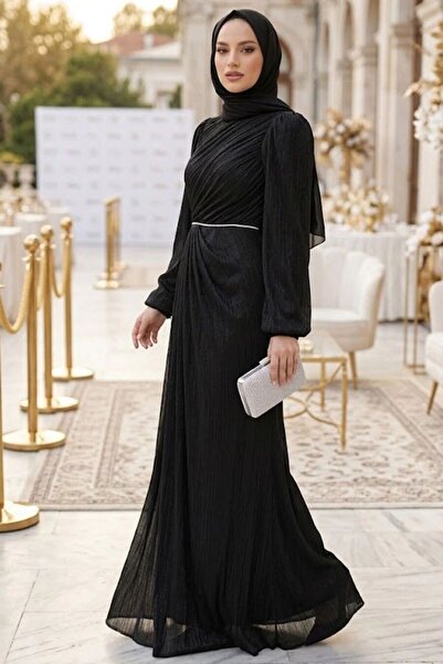 N.S NEVA STYLE Drape Detailed Black Hijab Evening Dress 55172S