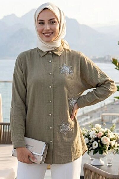 Neva Style Stone Detailed Khaki Strawberry Fabric Hijab Shirt 11181Hk