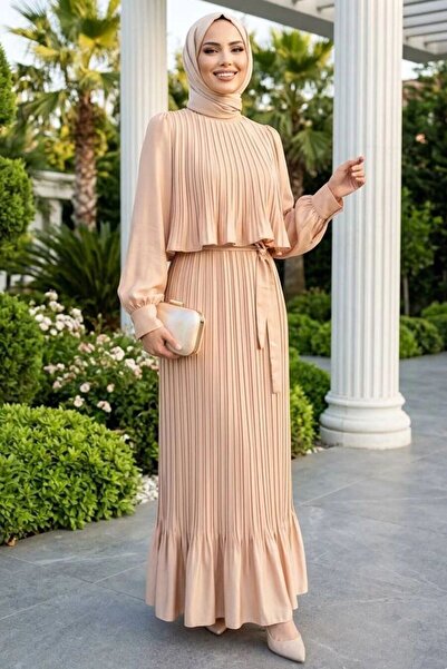 Neva Style Saten Krep Bisküvi Piliseli Tesettür Elbise 95704BS