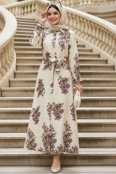 N.S NEVA STYLE Patterned Caramel Hijab Dress 24088Krml