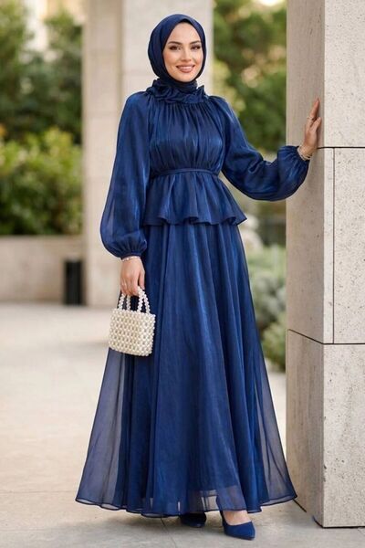 Neva Style Büzgülü Yaka Peplum Janjan Şifon Lacivert Tesettür İkili Takım 82902L