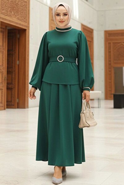 Neva Style Belted Emerald Green Hijab Skirted Two-Piece Set 20024Zy