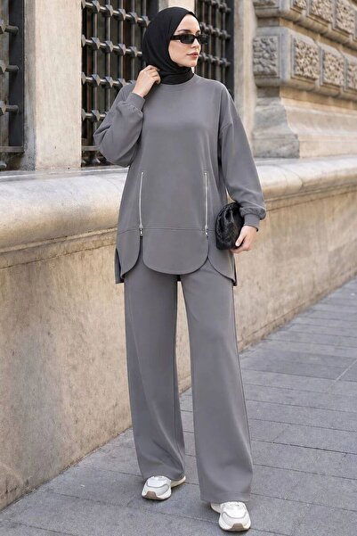 Neva Style Fermuar Cep Detaylı Oysho Kumaş Gri Tesettür Pantolon Takım 3040GR