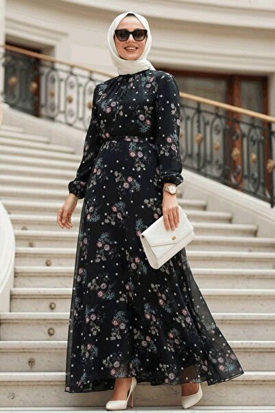 Neva Style Floral Patterned Black Hijab Dress 279026S