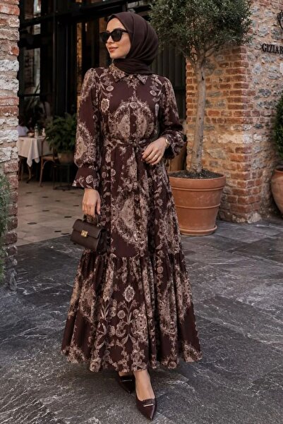 N.S NEVA STYLE Floral Patterned Belted Jessica Brown Hijab Dress 15063Kh