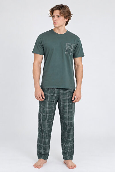 TURAY Leeds Wrist 100% Cotton Men's Short Sleeve Plaid Khaki Pajama Set