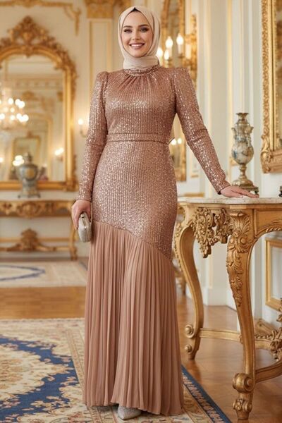 N.S NEVA STYLE Payet Boncuk İşlemeli Taba Tesettür Abiye Elbise 52057TB