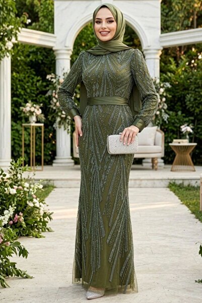 Neva Style Beading Embroidered Khaki Hijab Evening Dress 47631Hk