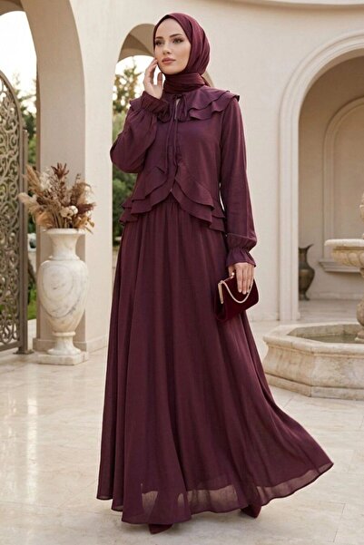 Neva Style Ruffled Plum Hijab Shirt Skirt Set 1397Mu