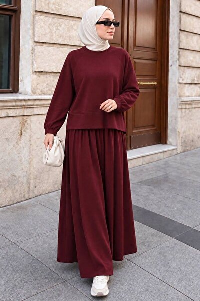 Neva Style Rahat Kesim Oyşo Bordo Tesettür Etekli Takım 1986BR