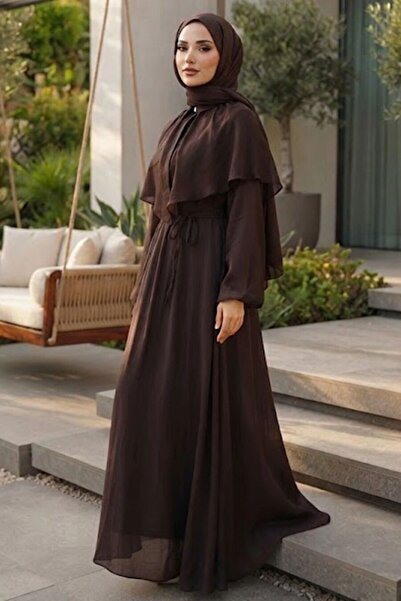 N.S NEVA STYLE Cape Detailed Scarf Collar Brown Hijab Dress 26161Kh