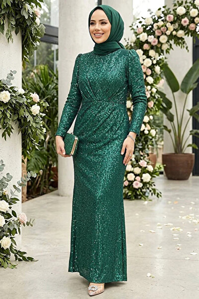 Neva Style Sequined Emerald Green Hijab Evening Dress 3976Zy