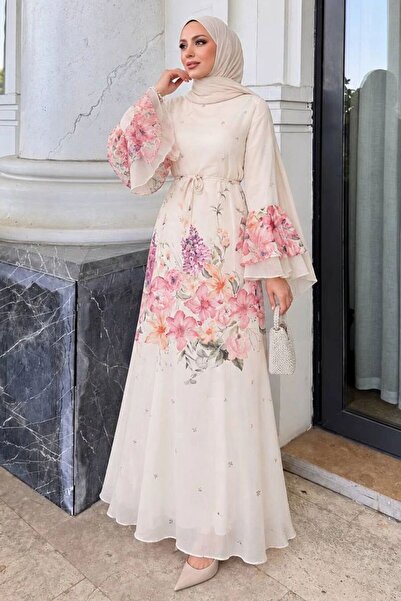 N.S NEVA STYLE Floral Patterned Red Tulle Modal Hijab Dress 25031K