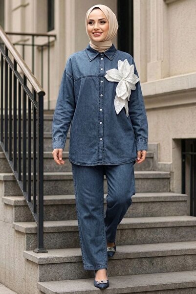 N.S NEVA STYLE Floral Detailed Dark Blue Hijab Denim Double Set 19155Km
