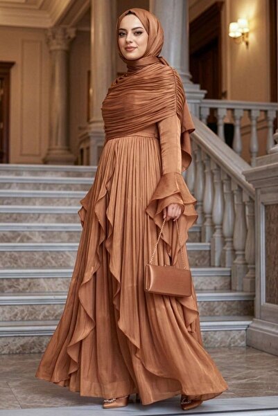 N.S NEVA STYLE - Ruffle Detailed Tan Hijab Evening Dress 53981Tb