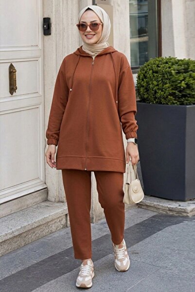 Neva Style Zippered Dark Tan Hijab Double Set 10400Ktb