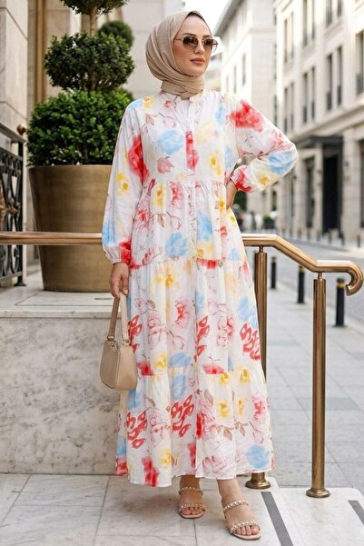 N.S NEVA STYLE Patterned Powder Hijab Dress 20626Pd