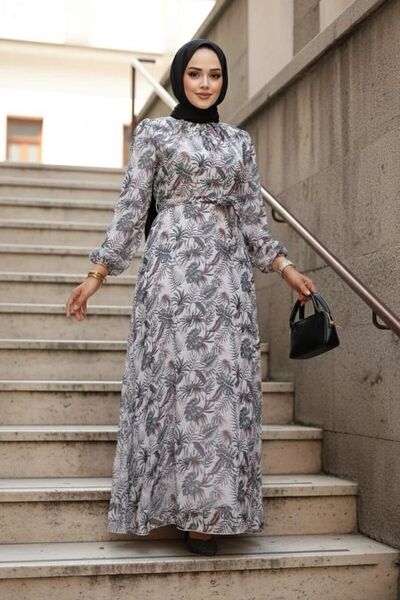 Neva Style Floral Patterned Khaki Hijab Dress 279077Hk