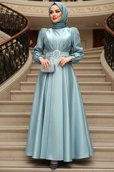 N.S NEVA STYLE Mint Hijab Evening Dress with Buckle Belt 45295Mint