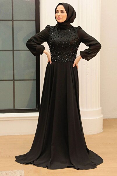 Neva Style Balloon Sleeve Black Hijab Evening Dress 761S
