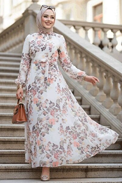 Neva Style Çiçek Desenli Krem Tesettür Elbise 279902KR