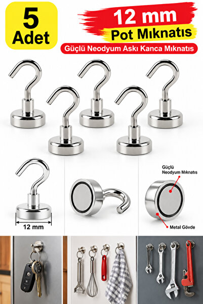 Dünya Magnet 5 Adet 12mm Pot Mıknatıs - Güçlü Neodyum Askı Kanca Mıknatıs (5'...