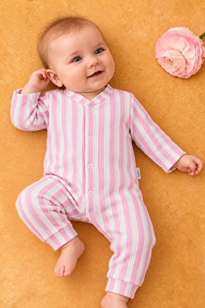 Rocha Baby Pamuklu Pembe Çizgili Fitilli Çıtçıtlı Uzun Kollu Bebek Tulum