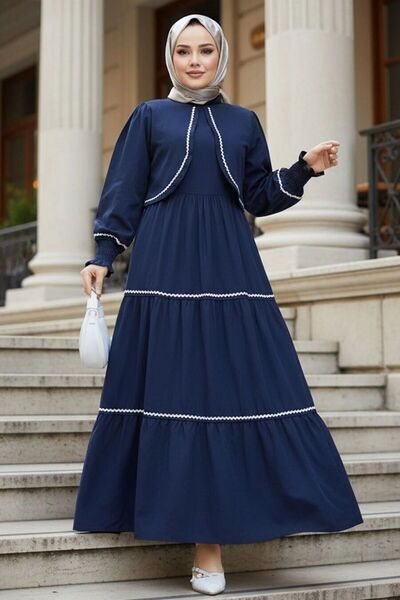 N.S NEVA STYLE Bolero Detaylı Lacivert Tesettür Elbise 20325L