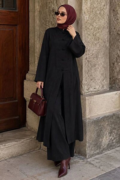 Neva Style Hakim Yaka Düğme Detaylı Oysho Siyah Tesettür Pantolon Takım 1406S