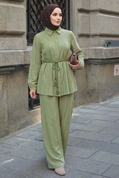 Neva Style Shirt Collar Tie Detail Light Khaki Hijab Suit 26190Ahk