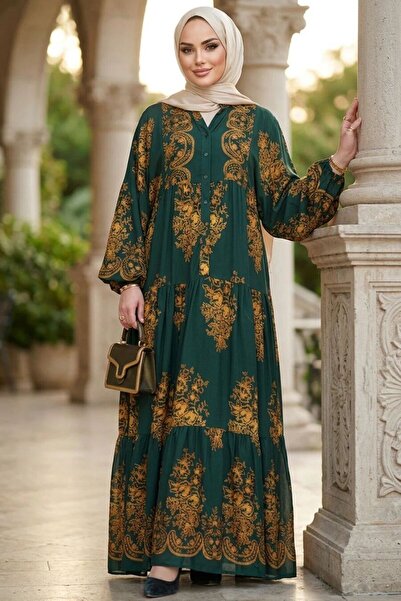 N.S NEVA STYLE Patterned Emerald Green Hijab Dress 3035Zy