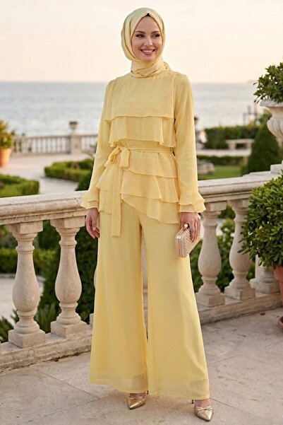 Neva Style Tulle Modal Yellow Ruffled Hijab Double Set 95728Sr