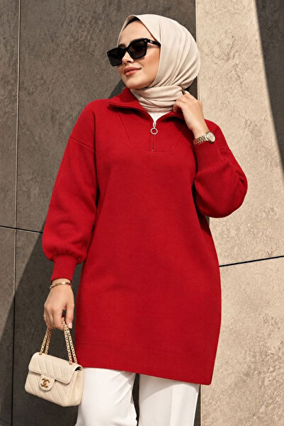 N.S NEVA STYLE سترة تريكو حمراء بسحّاب على الرقبة 10912K