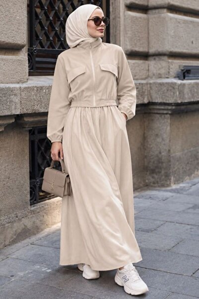 Neva Style Zippered Beige Modal Hijab Skirt Set 1366Bej
