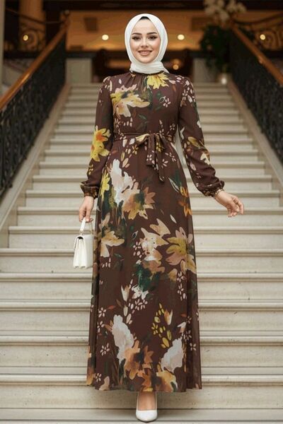 Neva Style Floral Patterned Brown Hijab Dress 27942Kh
