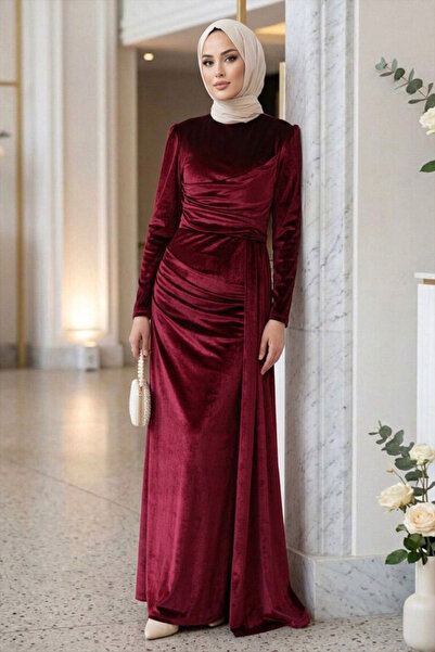 N.S NEVA STYLE - Kuyruk Detaylı Bordo Tesettür Kadife Abiye Elbise 57912BR
