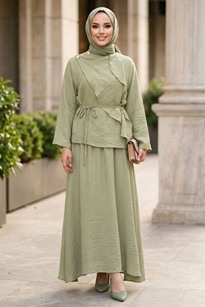 Neva Style Drapeli Kuşaklı Tül Modal Fıstık Yeşili Tesettür Takım 31051FY