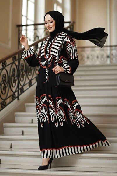 Neva Style Patterned black hijab dress 18238s