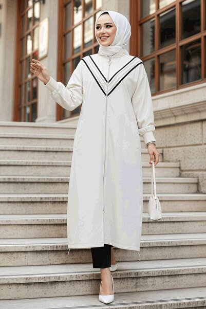 N.S NEVA STYLE Zippered Beige Hijab Cardigan 15201Bej
