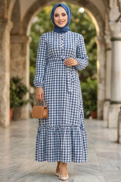 Neva Style Checkered Indigo Blue Hijab Dress 33940Im