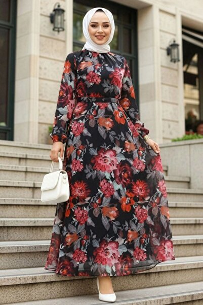 Neva Style Floral Patterned Black Hijab Dress 27962S